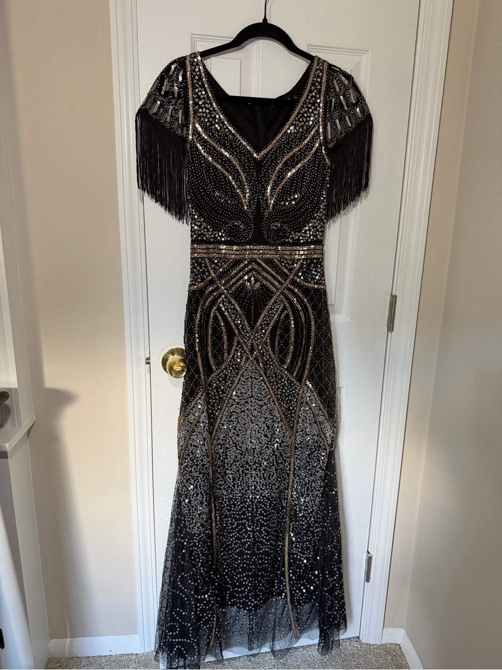 Black & Gold Beaded Fringe Maxi Dress — Evening Gown